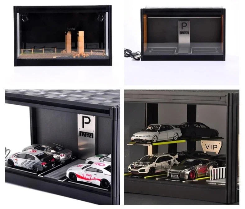 1:64 Scale Model Car Display Cabinet, Rally / Circuit / Carport,  USB lighting