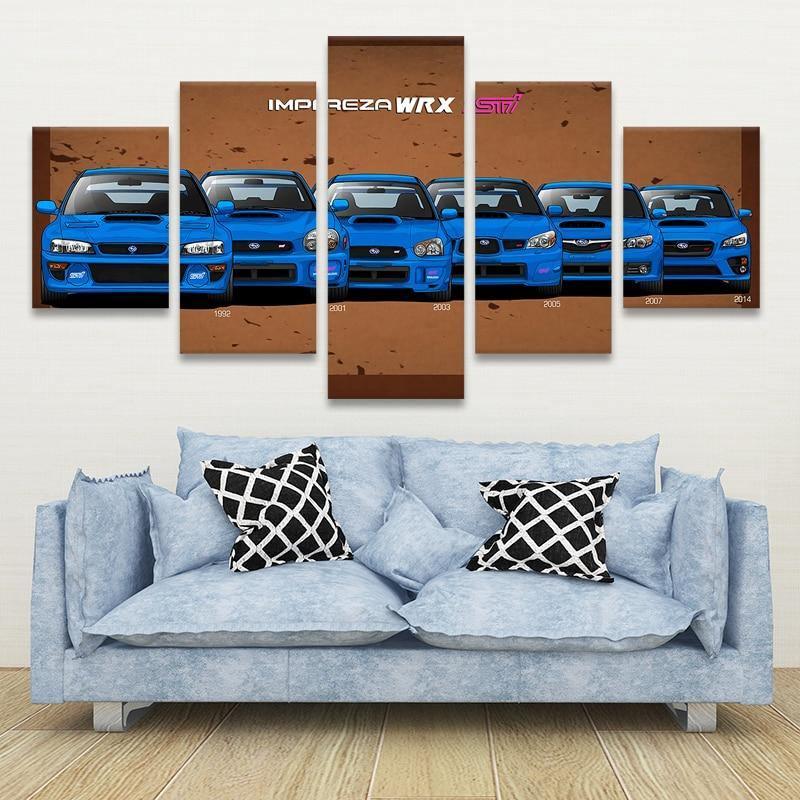 5 Piece Subaru WRX STI canvas wall art - brown background