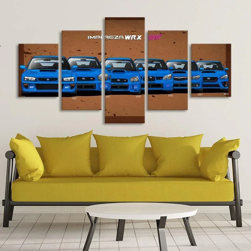 5 Piece Subaru WRX STI canvas wall art - brown background