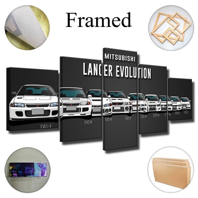 Mitsubishi Lancer Evolution I to X - 5 panel canvas wall art
