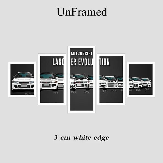 Mitsubishi Lancer Evolution I to X - 5 panel canvas wall art