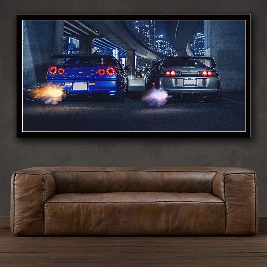 Nissan Skyline R34 GTR vs Toyota Supra canvas wall art - single panel
