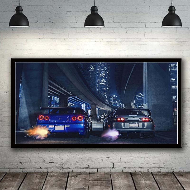 Nissan Skyline R34 GTR vs Toyota Supra canvas wall art - single panel