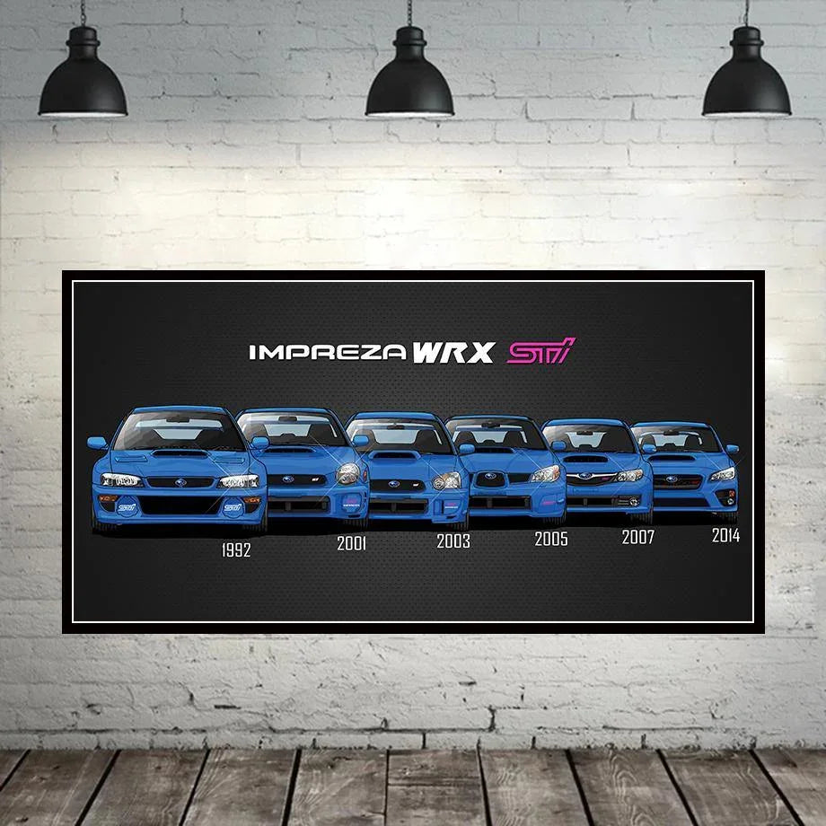 Subaru WRX STI generations canvas printed poster
