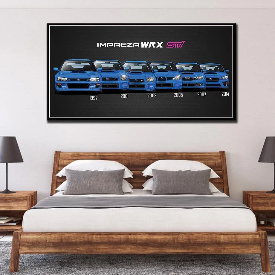 Subaru WRX STI generations canvas printed poster