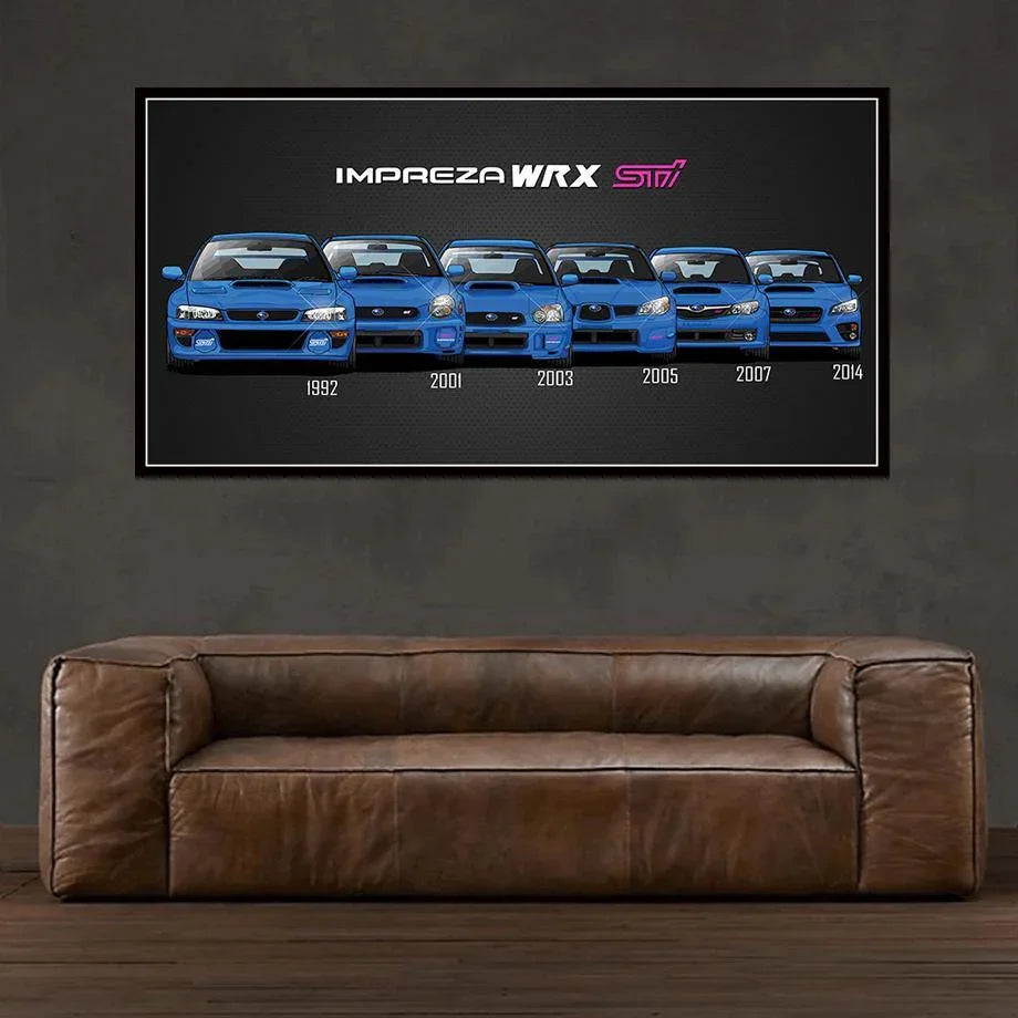 Subaru WRX STI generations canvas printed poster